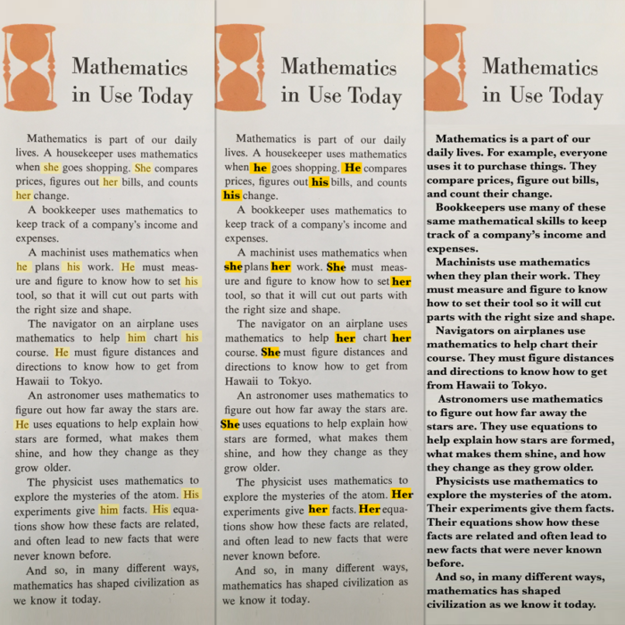 Shows a comparison of masculine and feminine pronouns and a gender neutral revision for a conclusion that appears in a 1960's mathematics book for young children.