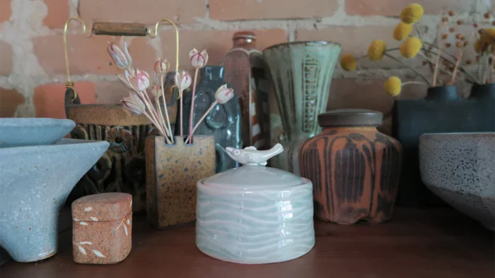 Selection of ceramic vessels by Brandi Chase for Avenues Open Studios 2025.